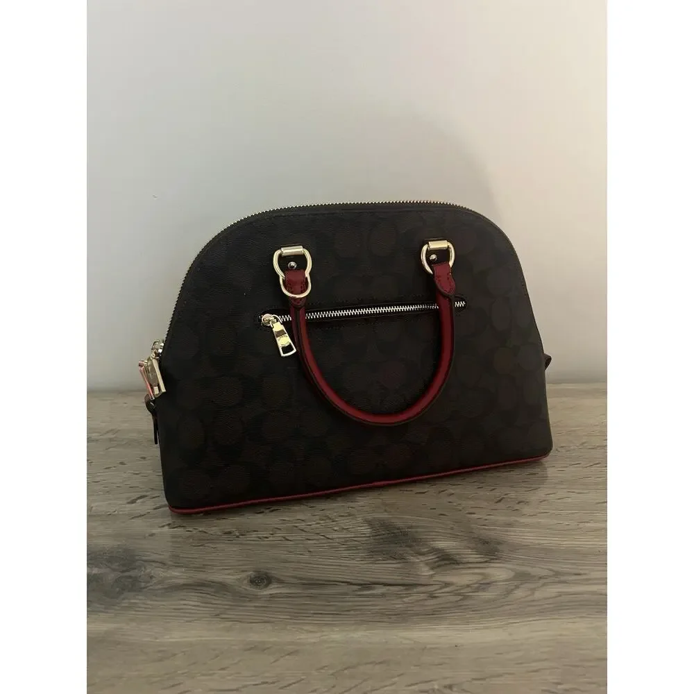 Coach 2558 Katy Satchel Signature Canvas & Leather Bag - Brown/Red dome satchel
